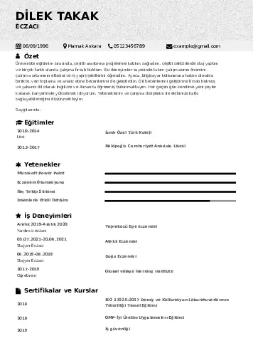 Eczacı CV Örnekleri cv indir